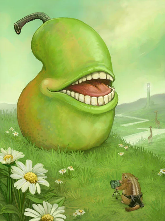 LOLWUT — Original Biting Pear of Salamanca painting by Ursula Vernon with a small photographer creature