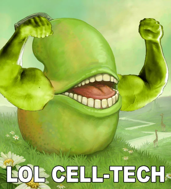 Lolwut pear edited with muscular flexing arms and the caption LOL CELL-TECH