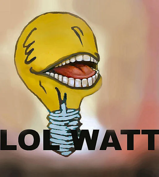 Yellow lightbulb with lolwut-style grinning mouth captioned LOL WATT