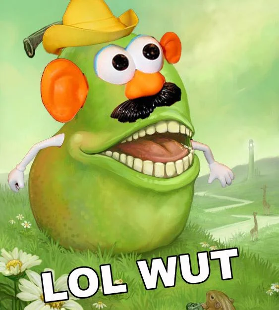 Lolwut pear customized with Mr. Potato Head accessories including cowboy hat and mustache, captioned LOL WUT