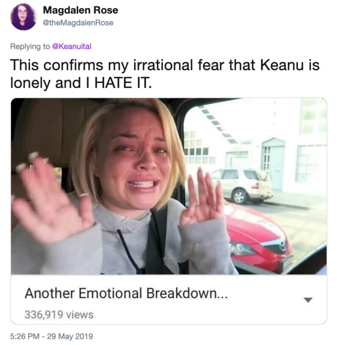 Lonely Keanu — Tweet with crying woman YouTube thumbnail reacting to Keanu Reeves being lonely