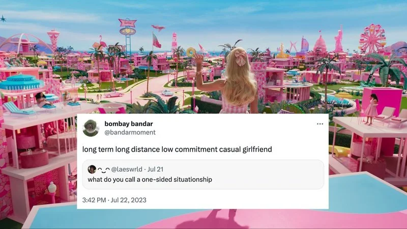 Long Term Long Distance Low Commitment Casual Girlfriend — A composite image featuring the vibrant pink Barbieland set from the 2023 Barbie movie as
