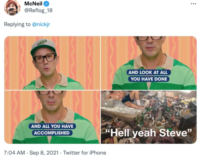 Look At All You Have Done And All You Have Accomplished — Tweet by McNeil showing the four-panel Steve meme with the fourth panel replaced by a cluttered desk