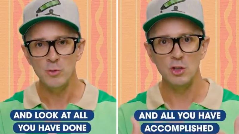 Look At All You Have Done And All You Have Accomplished — Steve from Blue's Clues in two side-by-side panels with captions 'And look at all you have done' and