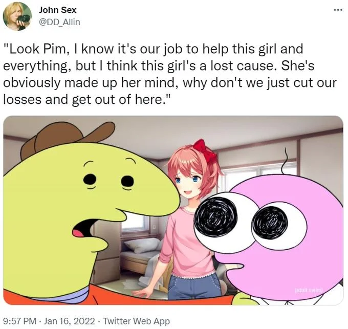 Look, Pim, I Know It's Our Job — Twitter meme with Pim and Charlie flanking Sayori from Doki Doki Literature Club