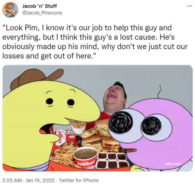 Look, Pim, I Know It's Our Job — Twitter meme with Pim and Charlie flanking a man crying while eating a huge Jollibee meal