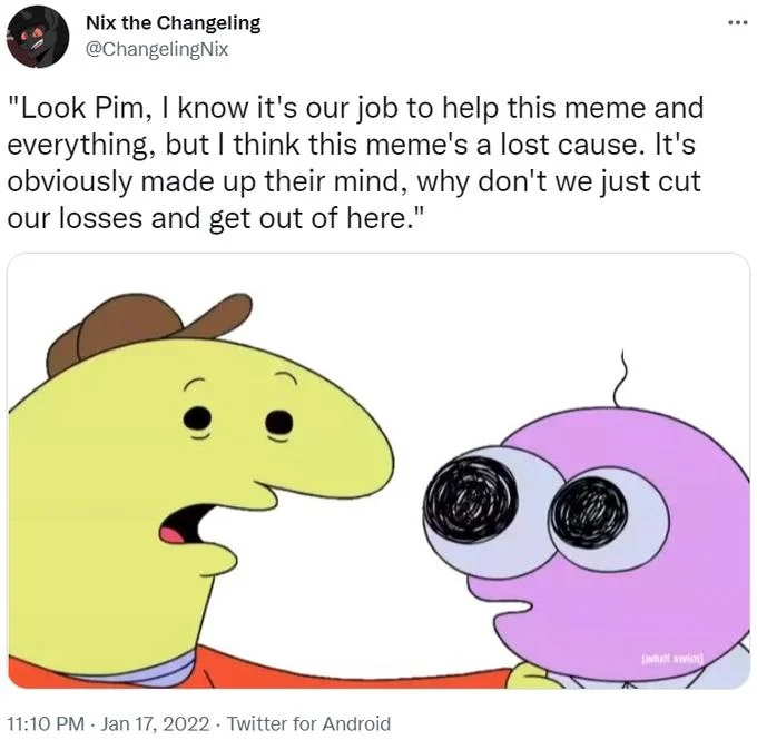 Look, Pim, I Know It's Our Job — Twitter meta meme using Pim and Charlie with no central subject, text calling the meme itself a lost cause