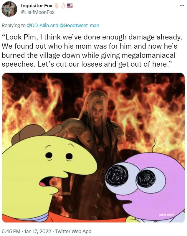 Look, Pim, I Know It's Our Job — Twitter meme with Pim and Charlie reacting to Sephiroth standing in flames