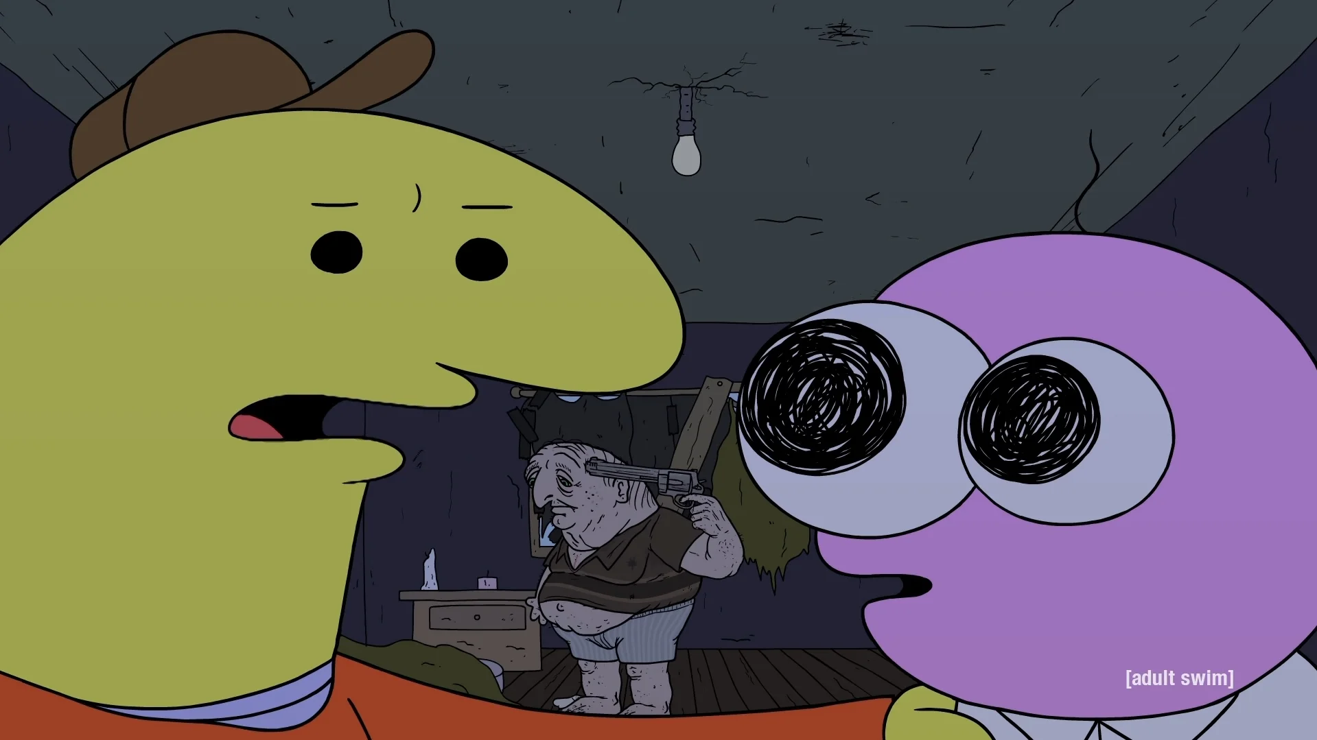 Look, Pim, I Know It's Our Job — Smiling Friends cartoon still of Charlie and Pim looking shocked at an old man pointing a gun at himself