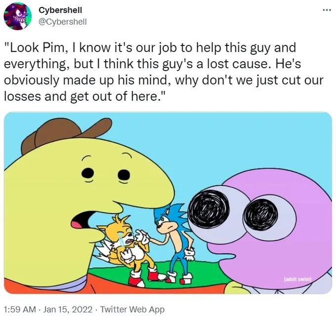Look, Pim, I Know It's Our Job — Twitter post using the Pim and Charlie meme with Sonic and crying Tails in the center