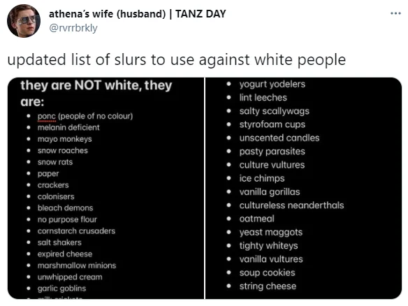 Look What They Need to Mimic a Fraction of Our Power — Twitter screenshot of a satirical 'updated list of slurs to use against white people' post by @rvrrbrkly