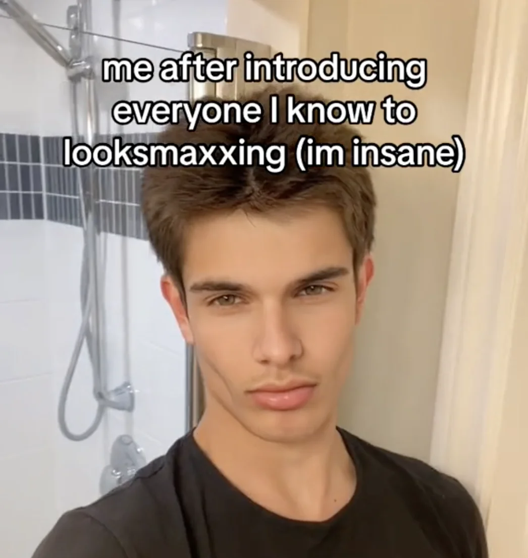 A portrait of an attractive young man in a home setting, captioned 'me after introducing everyone I know to looksmaxing (im insane).'