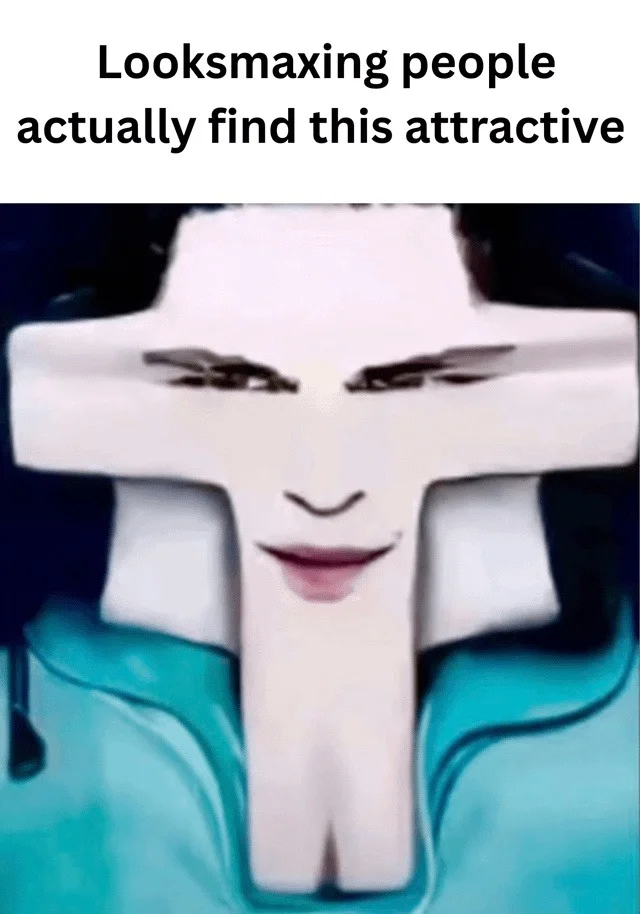 A surreal, digitally altered image of an extremely stylized white face with exaggerated features and impossible structure, captioned with a looksmaxing joke.