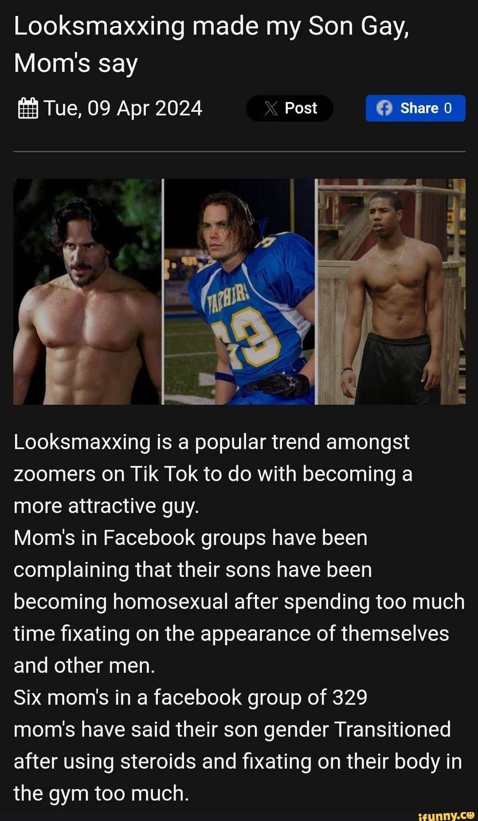 A blog post discussing how the looksmaxxing trend affects young men's self-perception, featuring photos of conventionally attractive men.