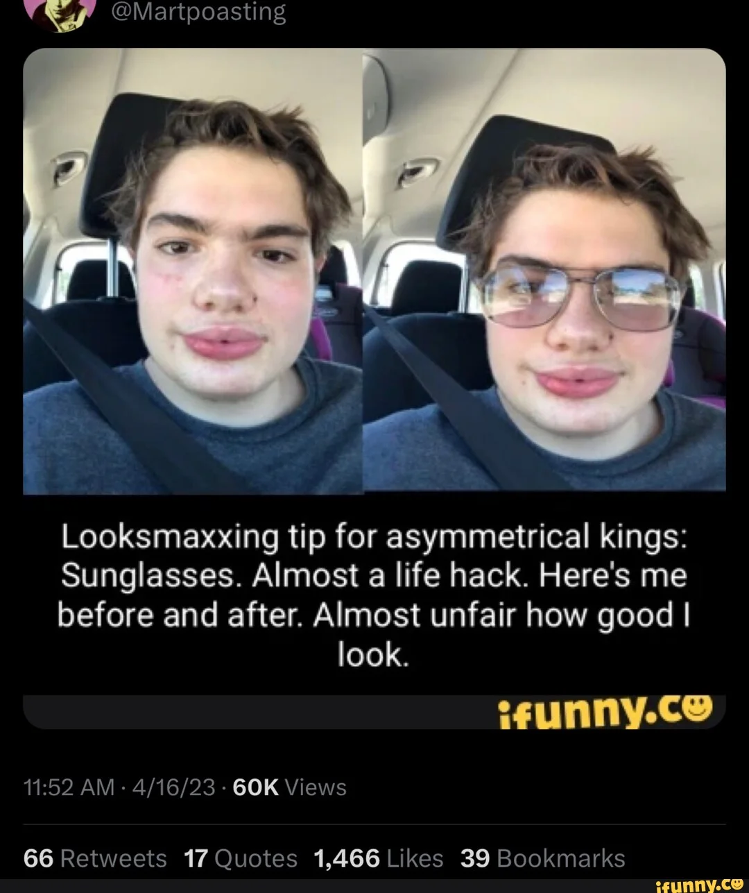 A before/after social media post demonstrating a looksmaxxing tip using asymmetrical glasses, showing contrast with and without sunglasses.