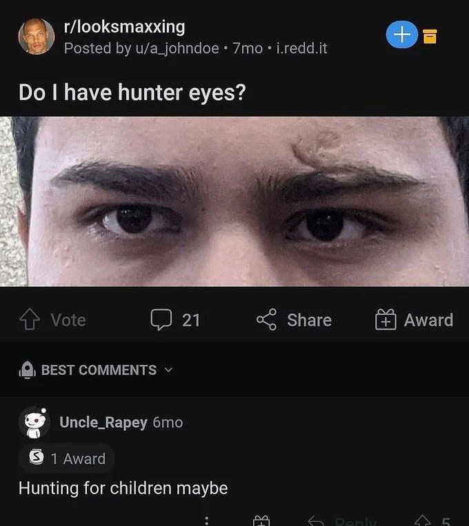 Looksmaxxing — A Reddit post featuring a close-up photo of eyes asking whether they exhibit 'hunter eyes' terminology.