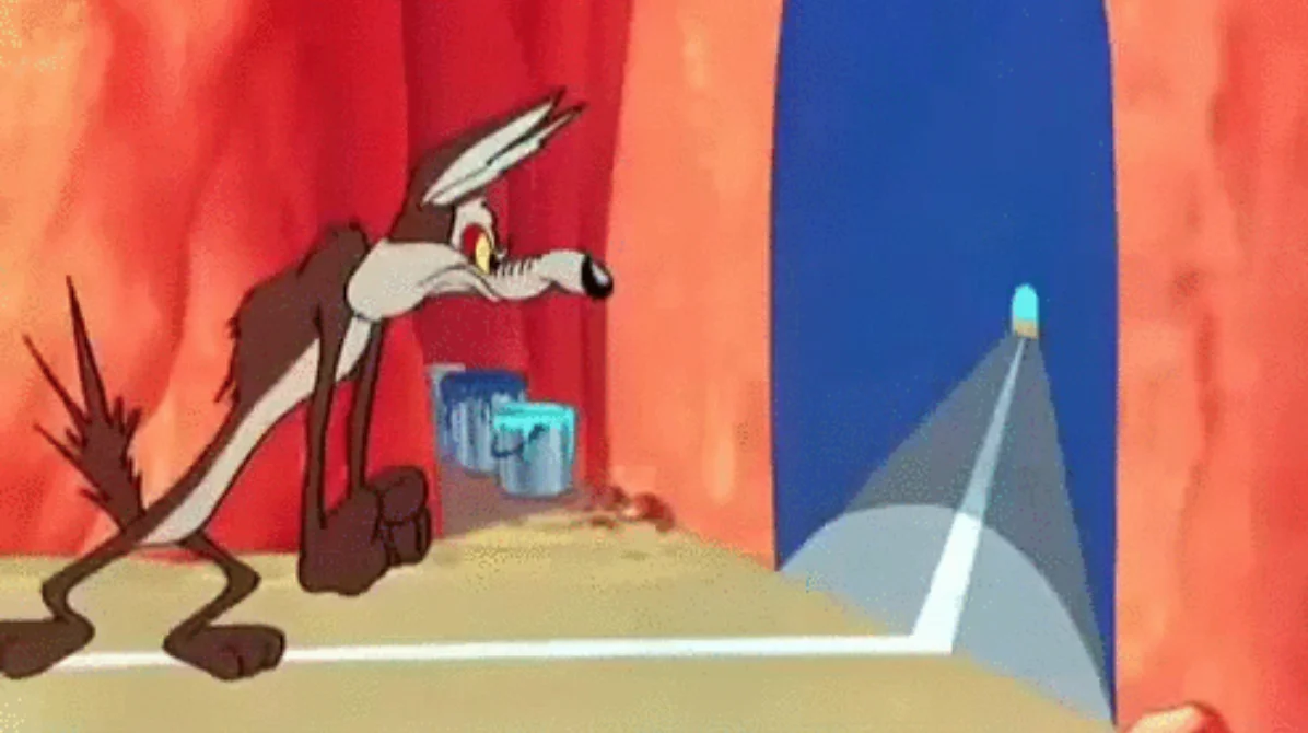 Looney Tunes Painted Tunnel On A Wall Gag — Wile E. Coyote inspecting a painted tunnel on a red canyon wall with paint cans nearby