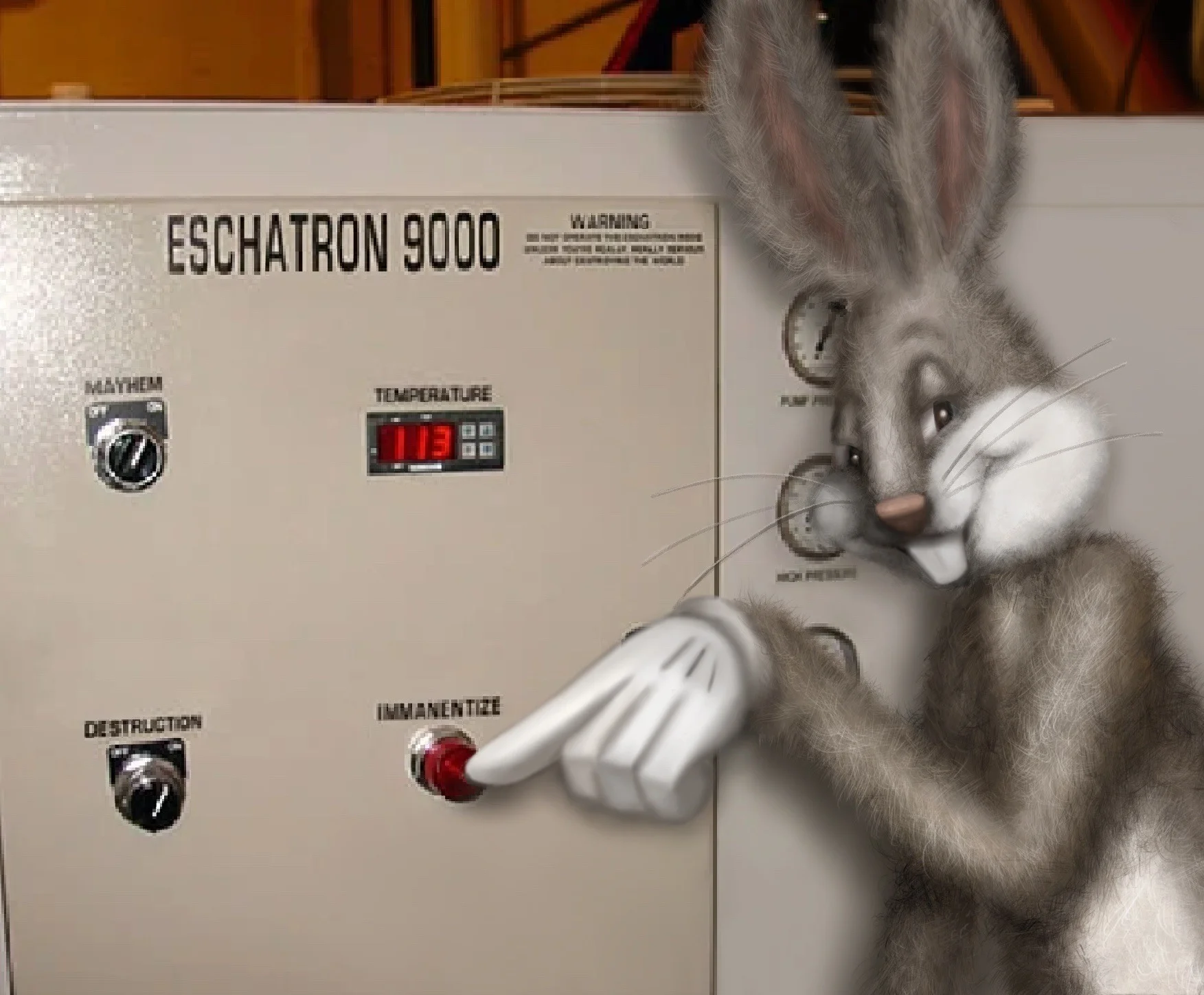 Looney Tunes — Bugs Bunny pressing a red button on an 'ESCHATRON 9000' control panel.