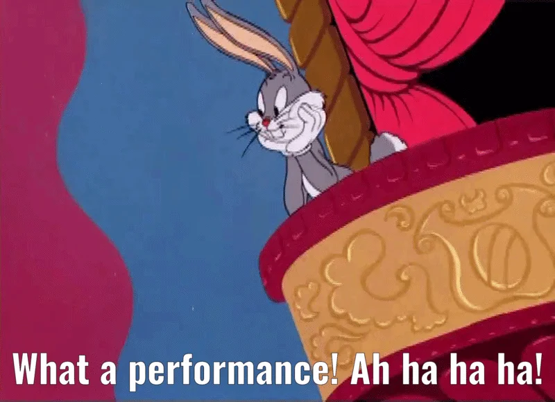 Looney Tunes — Bugs Bunny peeking from a theater box laughing, with caption 'What a performance! Ah ha ha ha!'