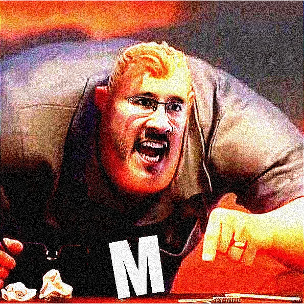 Lord Marquaad E — Deep-fried muscular Markiplier-Farquaad hybrid character with a large letter M overlay.