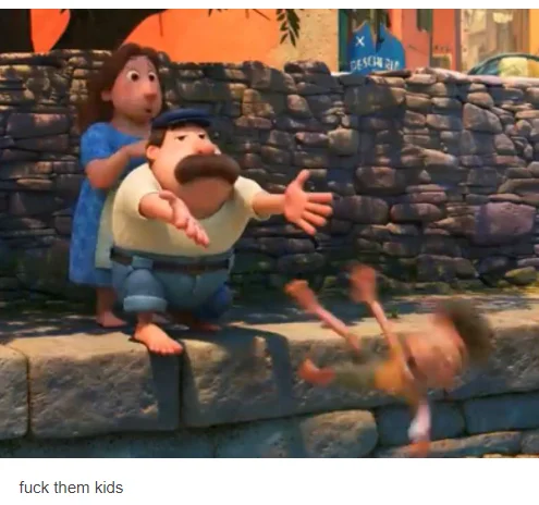 Lorenzo pushing child scene captioned 'fuck them kids'
