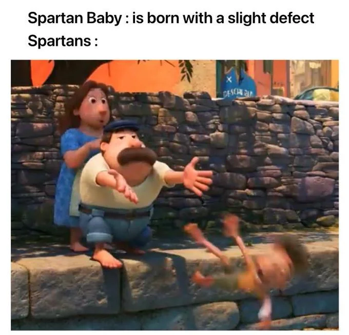 Spartan baby meme using Lorenzo pushing child from Luca