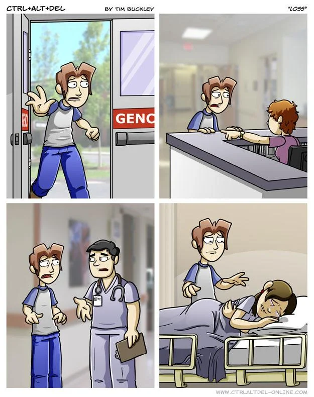 The original Loss webcomic from Ctrl+Alt+Del showing the hospital scene in four panels.