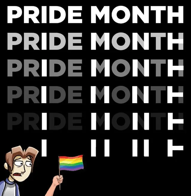 A Loss format meme repurposing the structure for Pride Month messaging with a character holding a rainbow flag.