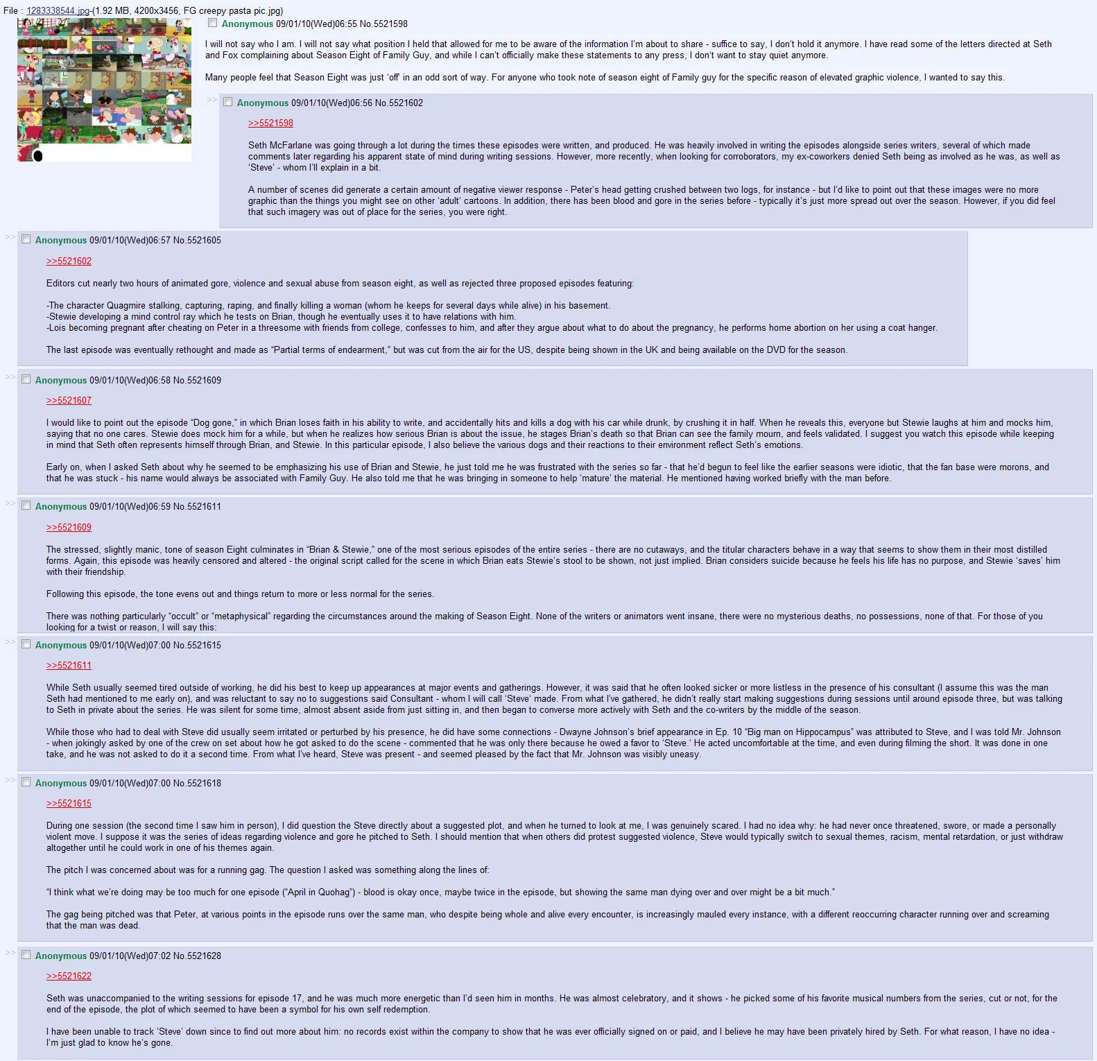 Lost Episodes — 4chan thread screenshot describing a Family Guy Season 8 lost episode creepypasta