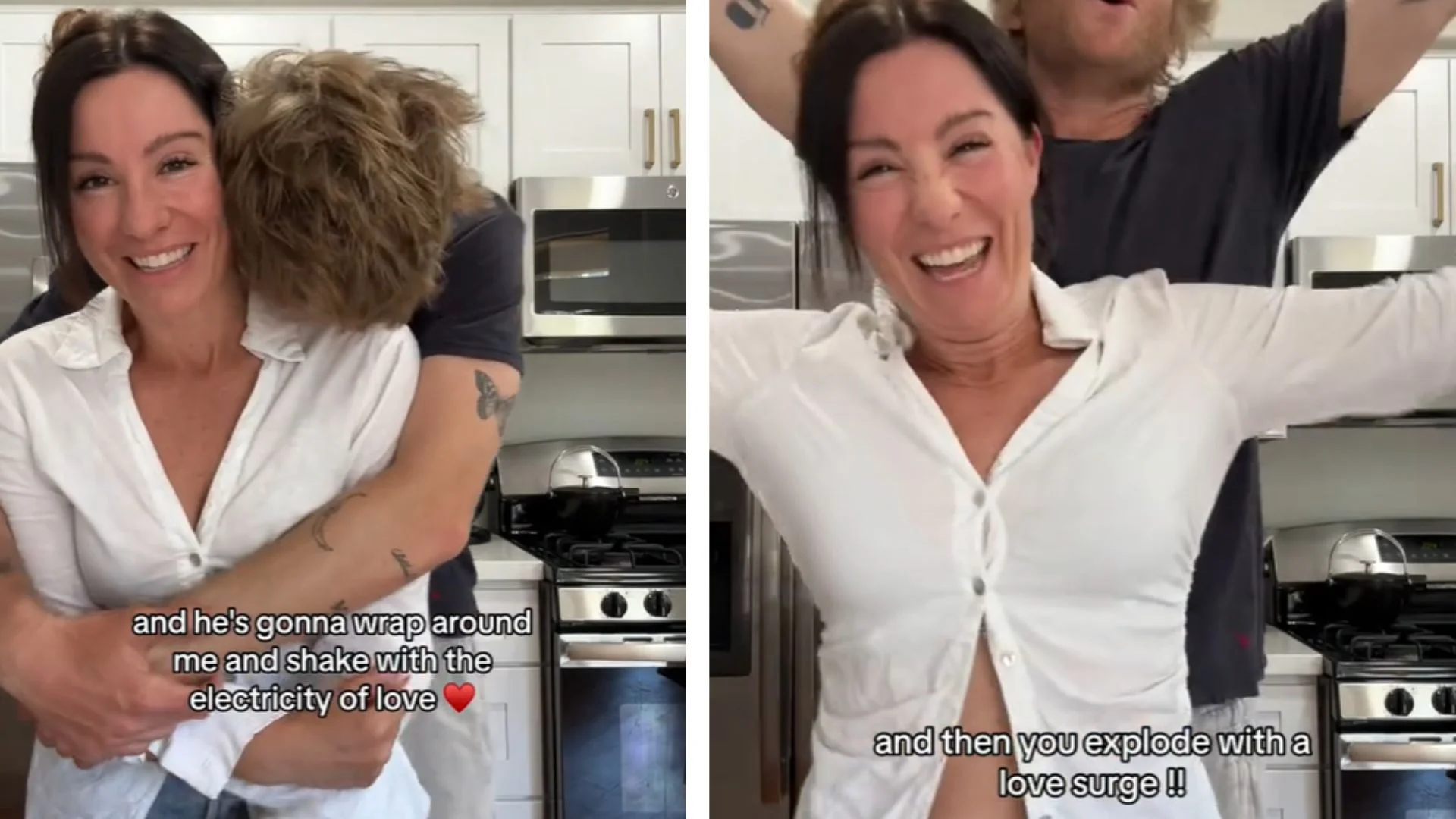 Two side-by-side TikTok screenshots of a woman in a kitchen being embraced from behind by a man, captioned with the phrase 'explode with a love surge'