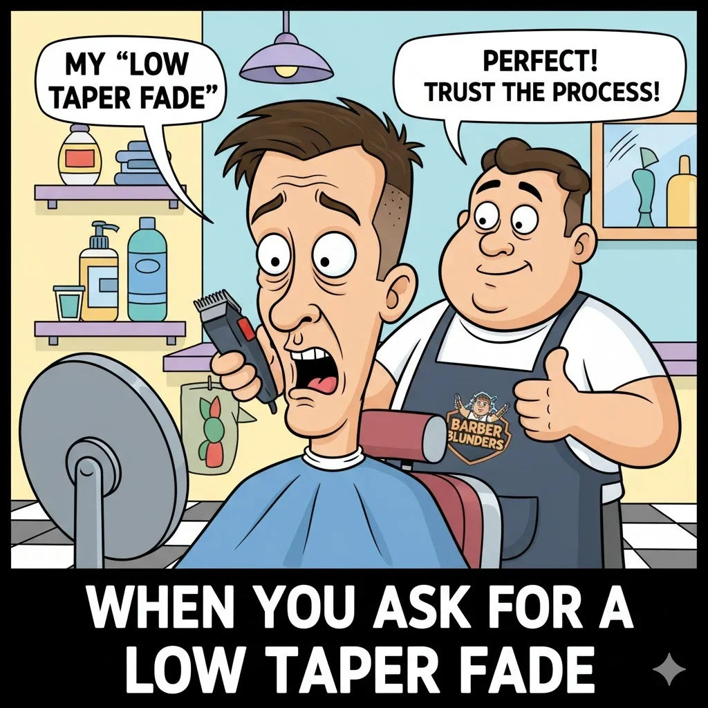 A cartoon illustration showing a customer pointing at their head saying 'MY LOW TAPER FADE' while a barber replies 'PERFECT! TRUST THE PROCESS!' with caption
