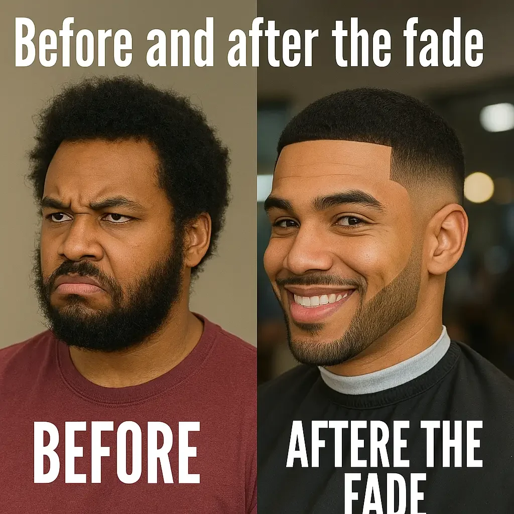 Low Taper Fade — A split-screen before-and-after image showing natural afro on the left labeled 'BEFORE' and faded sides with textured top on the right labeled