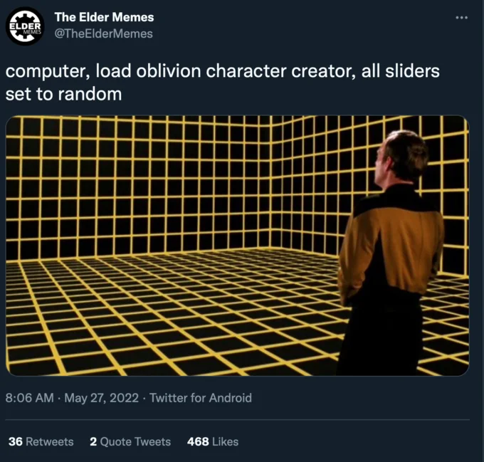 Lt Reginald Barclay On The Holodeck Computer I Want You To X — Tweet by The Elder Memes asking holodeck to load Oblivion character creator with random sliders