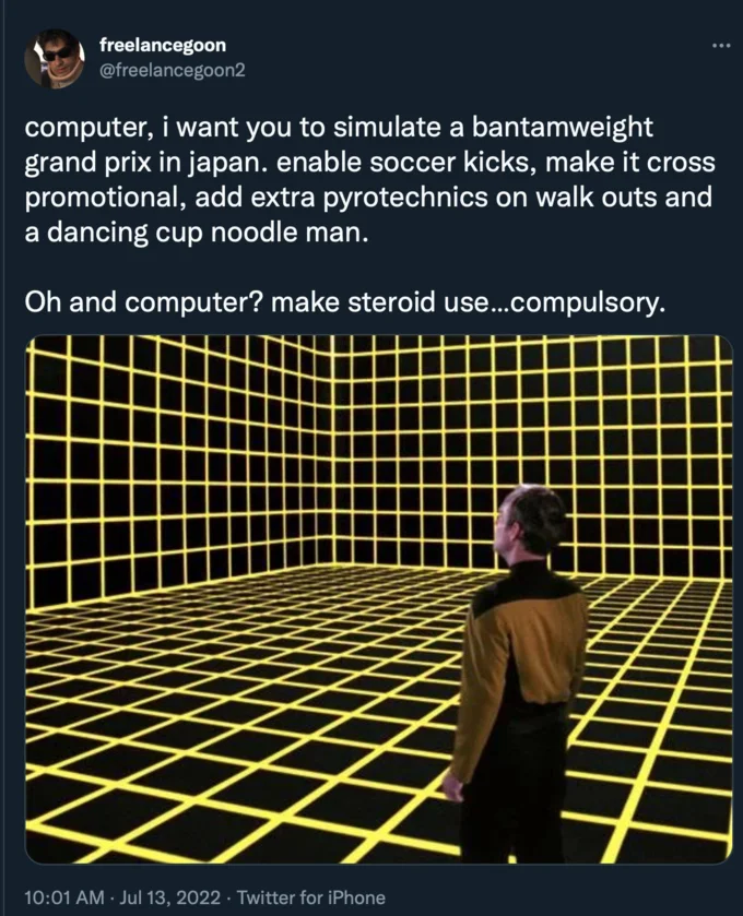 Lt Reginald Barclay On The Holodeck Computer I Want You To X — Tweet by freelancegoon requesting a holodeck bantamweight MMA grand prix simulation