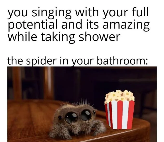 Lucas the Spider popcorn shower singing meme, lower resolution version