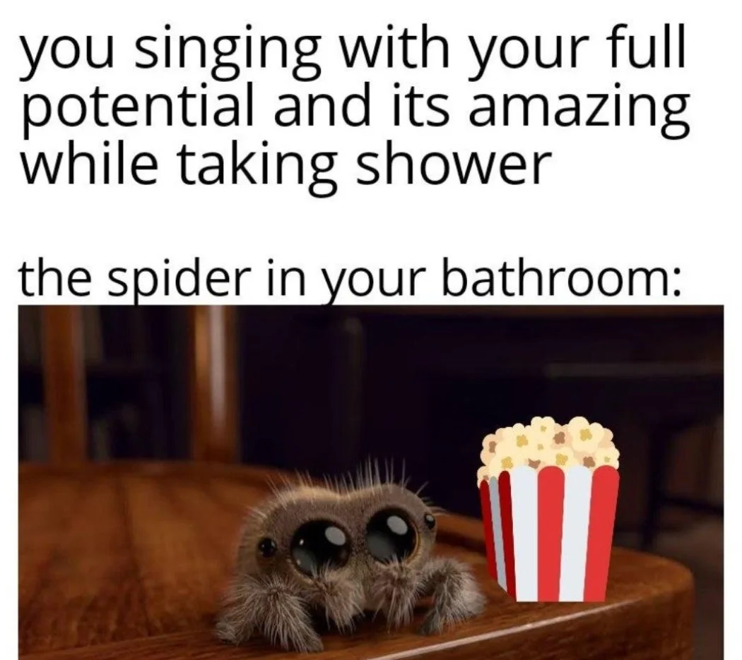 Meme of Lucas the Spider next to popcorn bucket watching someone sing in the shower