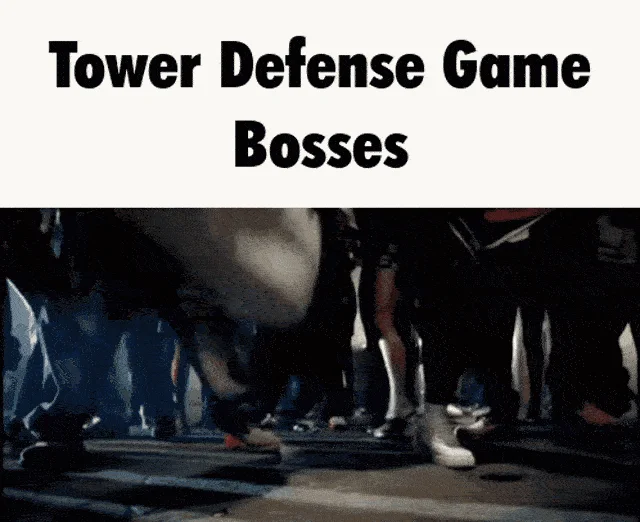 Ludacris Big Shoe Stomp Big Shoe Lmfao — The Ludacris big shoe stomp GIF with bold black multi-line caption 'Tower Defense Game Bosses' on a white header bar.