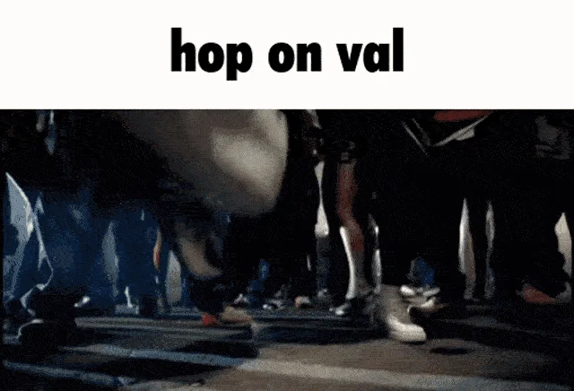 Ludacris Big Shoe Stomp Big Shoe Lmfao — The Ludacris big shoe stomp GIF with bold black caption 'hop on val' on a white header bar, referencing Valorant.