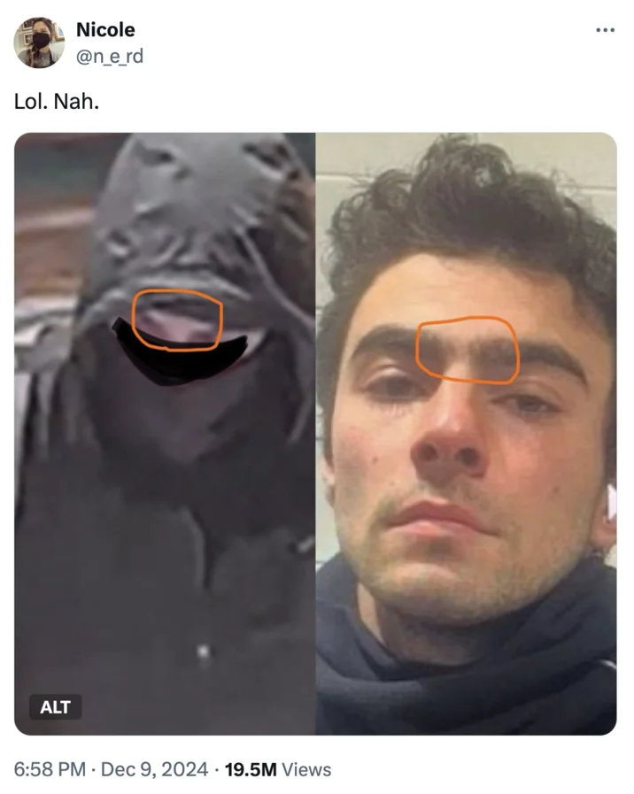 Luigi Mangione Is Not The Shooter Conspiracy Theory — Twitter post dismissing match between suspect and Mangione with comparison images
