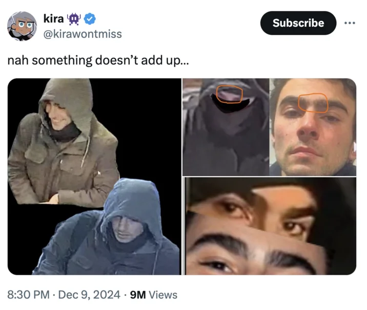 Luigi Mangione Is Not The Shooter Conspiracy Theory — Twitter collage comparing suspect surveillance footage to Mangione's eyes