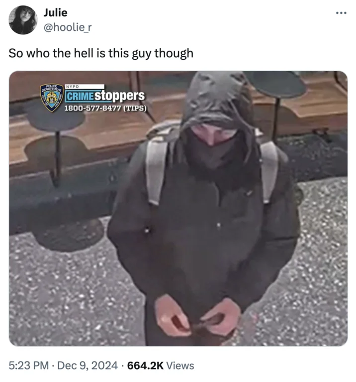 Luigi Mangione Is Not The Shooter Conspiracy Theory — Twitter post questioning identity of masked suspect with Crime Stoppers image