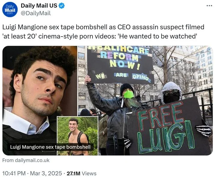 A Daily Mail news article screenshot reporting an unverified rumor about Luigi Mangione, including his photograph and protest imagery.
