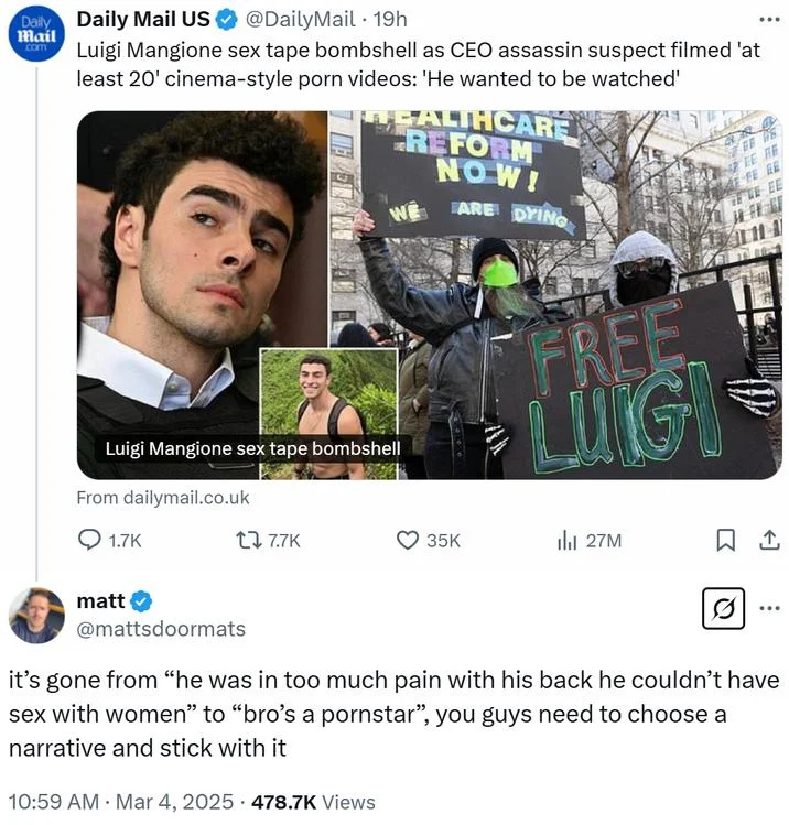 Luigi Mangione — Another Daily Mail news article screenshot with the same headline reporting the unverified rumor, showing photos and protest imagery.