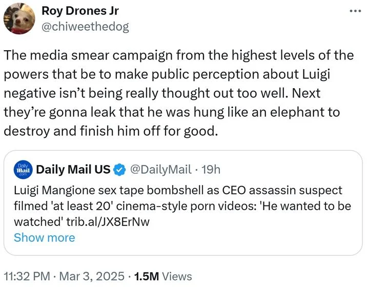 A Twitter post by Roy Drones Jr critiquing media coverage and conspiracy narratives around Luigi Mangione.