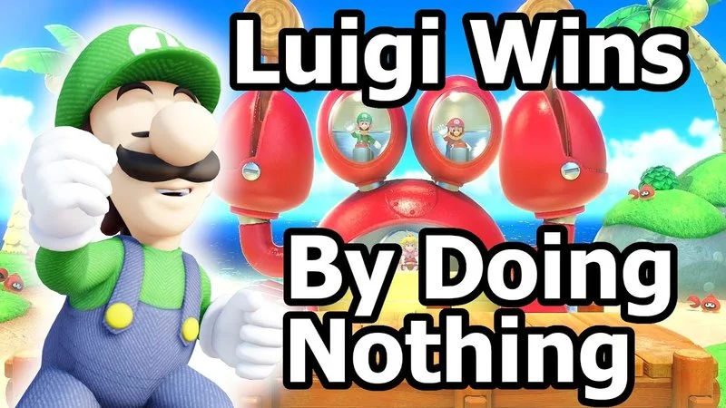 A thumbnail-style image featuring Luigi standing proudly on the left with a Mario Party mini-game spinner in the background, with bold white text reading