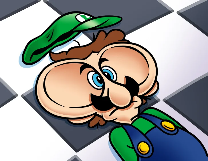 Illustration of Luigi lying dazed on a checkered floor with his cap off