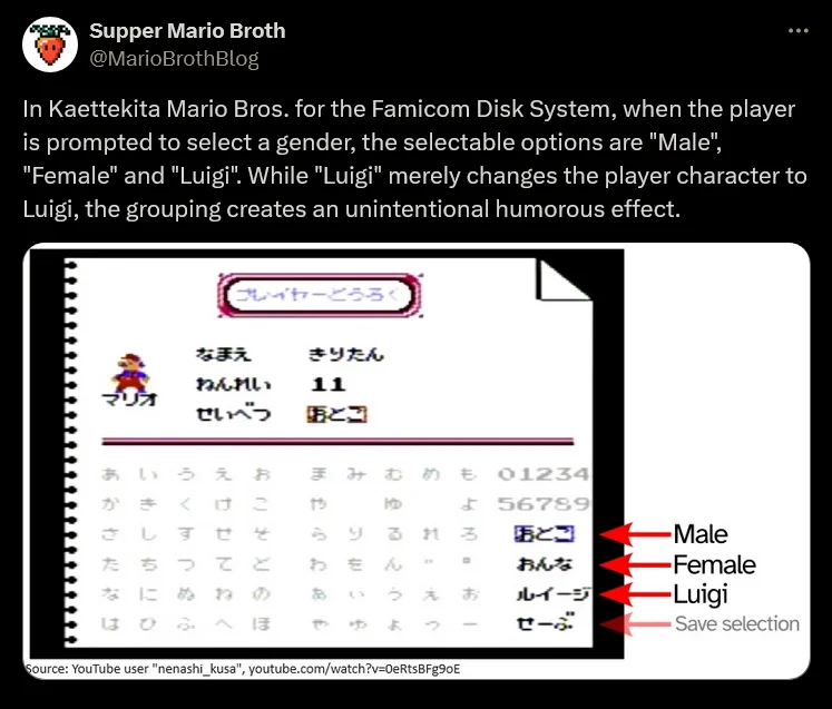 Supper Mario Broth tweet showing Kaettekita Mario Bros. gender selection with Male, Female, and Luigi options