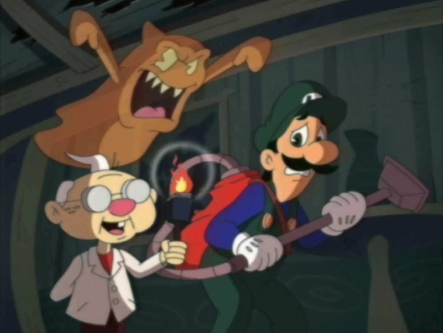 Animated cartoon scene of Luigi with a ghost vacuum and Professor E. Gadd facing a lunging ghost