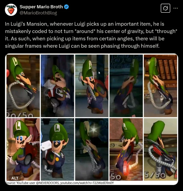 Supper Mario Broth tweet with grid of Luigi's Mansion screenshots showing Luigi phasing through himself