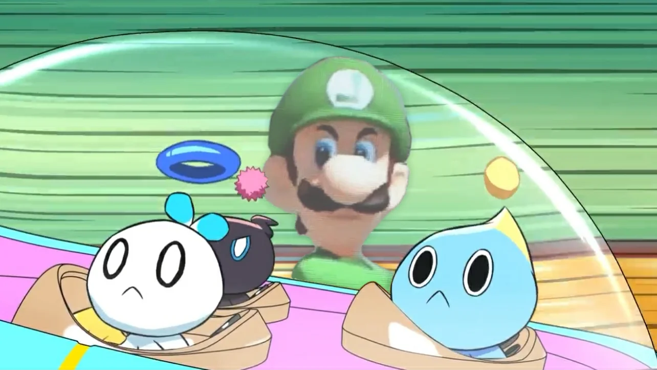 Luigi's Death Stare — Anime scene with Luigi's face displayed above two small sad creatures